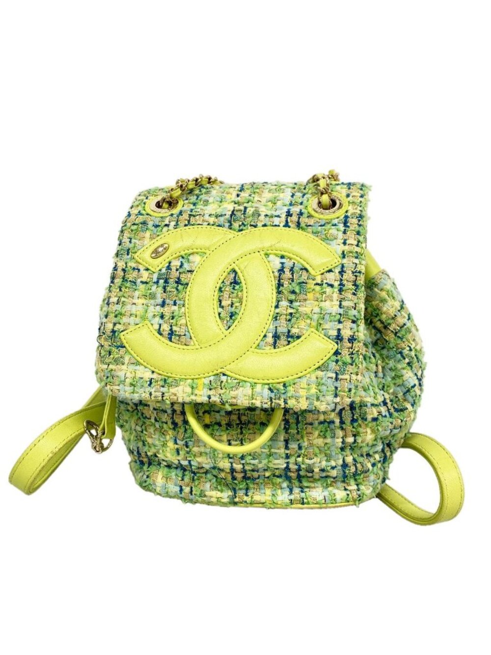 Chanel Backpack Tweed Green Champagne Gold